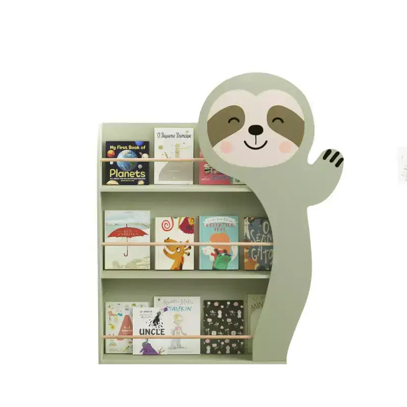 Sloth Kids Bookshelf, 3-Tier Front-Facing Toddler Book Display Rack, Cute Animal Nursery Bookcase with Anti-Tip Kit, Sage Green