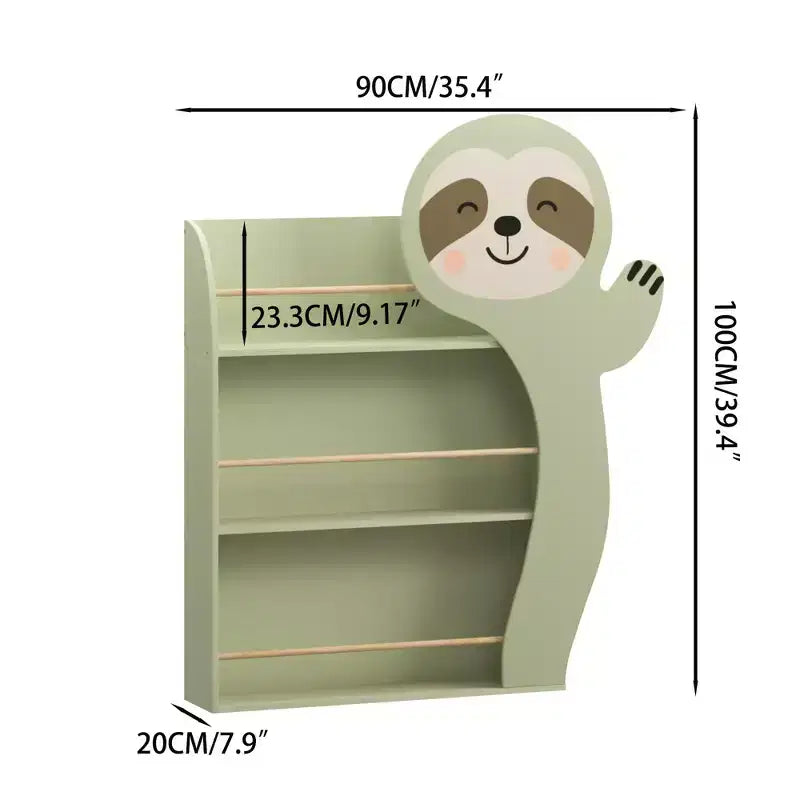 Sloth Kids Bookshelf, 3-Tier Front-Facing Toddler Book Display Rack, Cute Animal Nursery Bookcase with Anti-Tip Kit, Sage Green