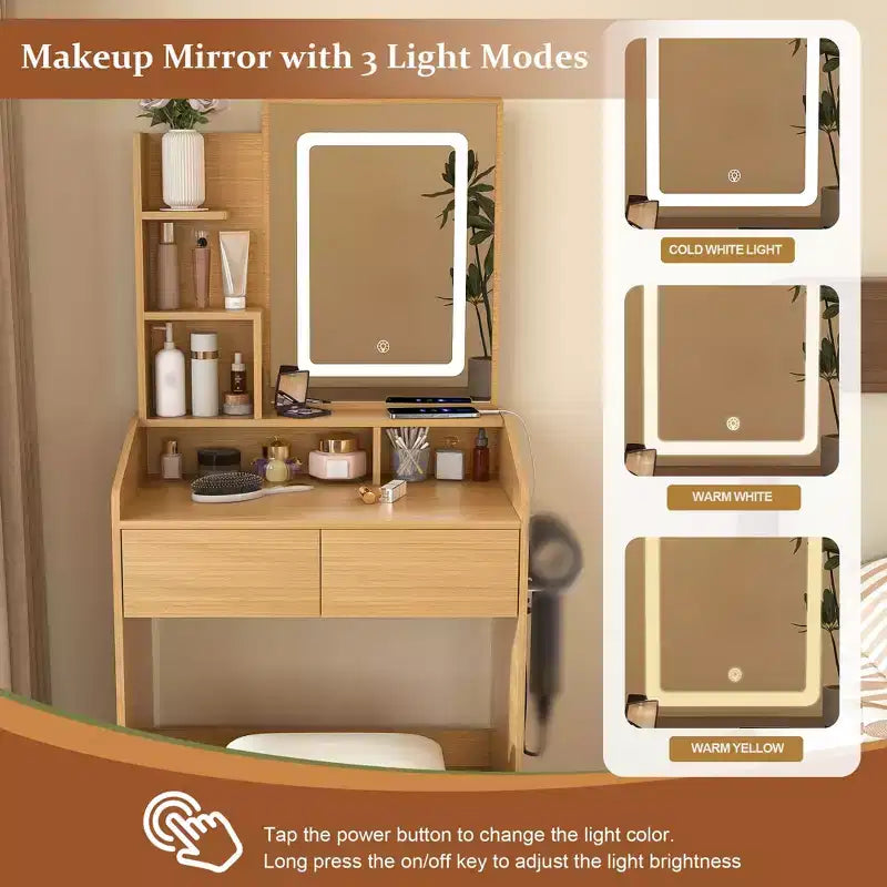 Vanity Desk Set with Mirror & Lights, Small Corner Makeup Table with Vanitys Chair Stool, Dressing Table with Storage Drawers & Shelves