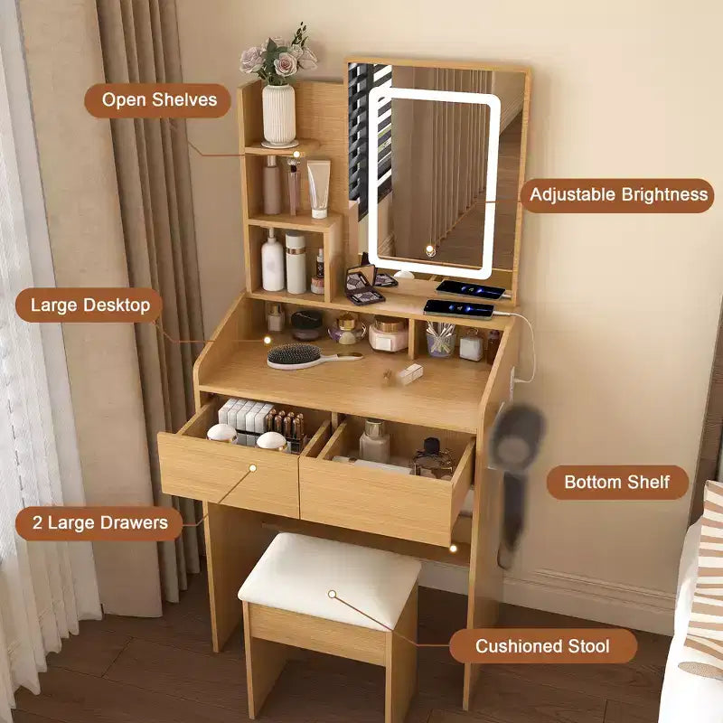 Vanity Desk Set with Mirror & Lights, Small Corner Makeup Table with Vanitys Chair Stool, Dressing Table with Storage Drawers & Shelves