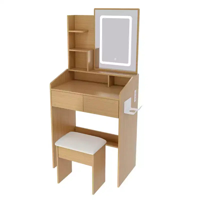 Vanity Desk Set with Mirror & Lights, Small Corner Makeup Table with Vanitys Chair Stool, Dressing Table with Storage Drawers & Shelves