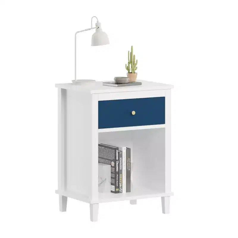 26.77''H Wooden Nightstand with One Drawer One Shelf for Kids, Adults, Navy+Golden handle