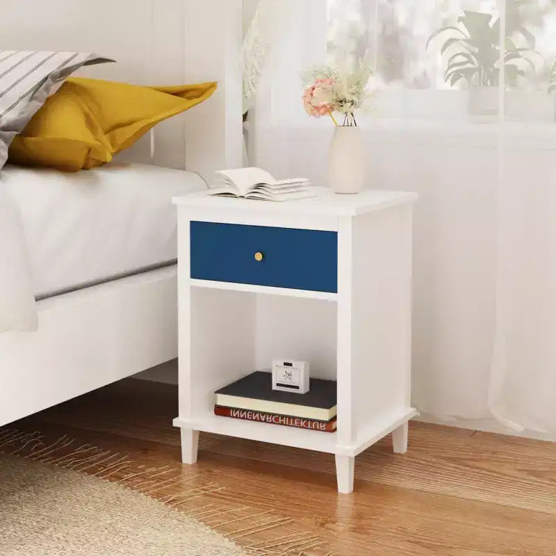 26.77''H Wooden Nightstand with One Drawer One Shelf for Kids, Adults, Navy+Golden handle