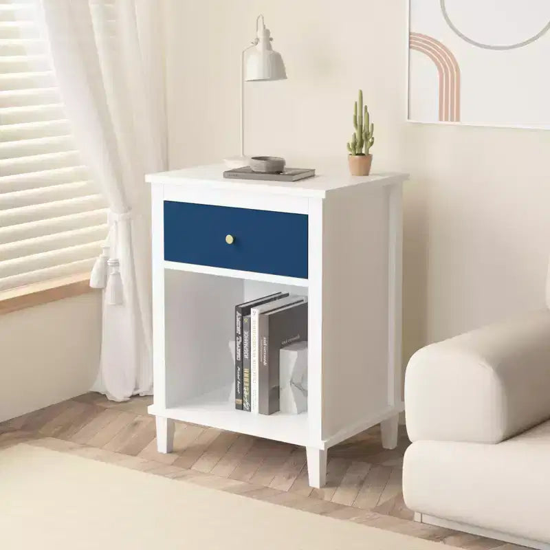 26.77''H Wooden Nightstand with One Drawer One Shelf for Kids, Adults, Navy+Golden handle