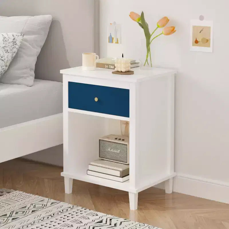 26.77''H Wooden Nightstand with One Drawer One Shelf for Kids, Adults, Navy+Golden handle