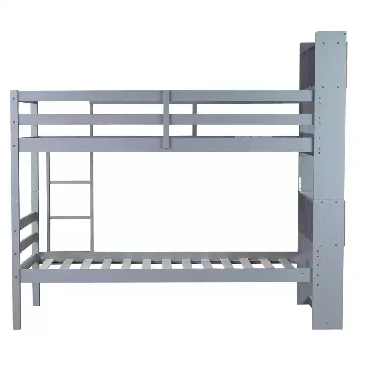 Detachable Bunk Bed Twin over Twin with Shelves Headboard for Kids Teens, Wood Bunk Bed Frame with Ladder and Guardrails, Separate into 2 Twin Beds