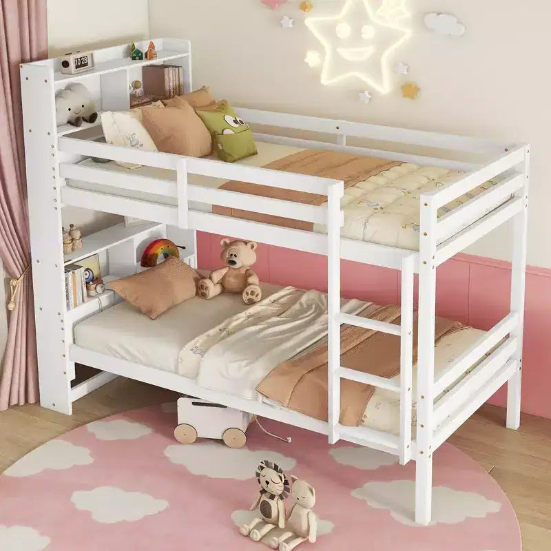 Detachable Bunk Bed Twin over Twin with Shelves Headboard for Kids Teens, Wood Bunk Bed Frame with Ladder and Guardrails, Separate into 2 Twin Beds