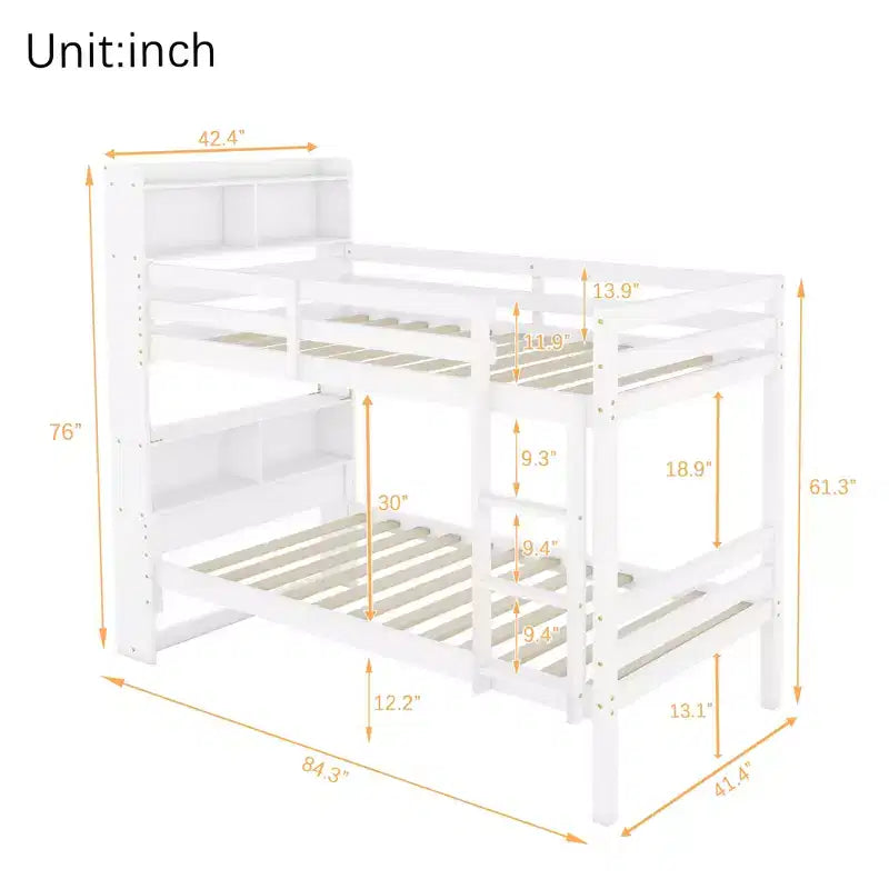 Detachable Bunk Bed Twin over Twin with Shelves Headboard for Kids Teens, Wood Bunk Bed Frame with Ladder and Guardrails, Separate into 2 Twin Beds