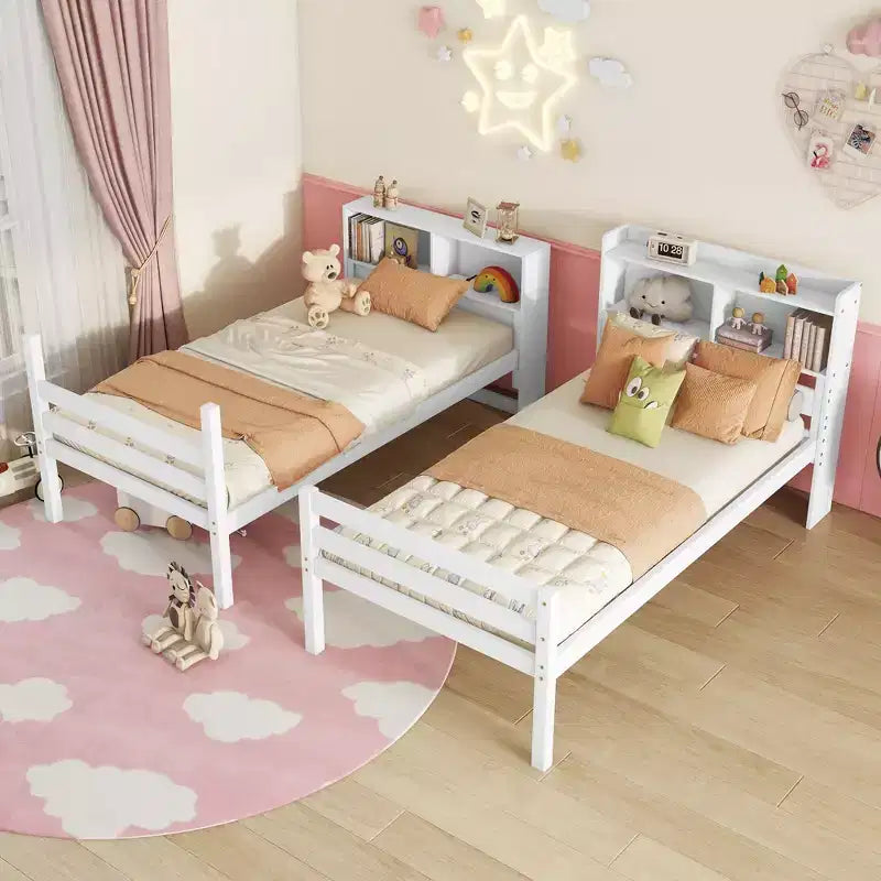 Detachable Bunk Bed Twin over Twin with Shelves Headboard for Kids Teens, Wood Bunk Bed Frame with Ladder and Guardrails, Separate into 2 Twin Beds