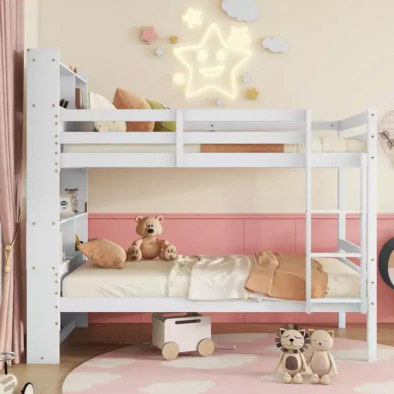 Detachable Bunk Bed Twin over Twin with Shelves Headboard for Kids Teens, Wood Bunk Bed Frame with Ladder and Guardrails, Separate into 2 Twin Beds
