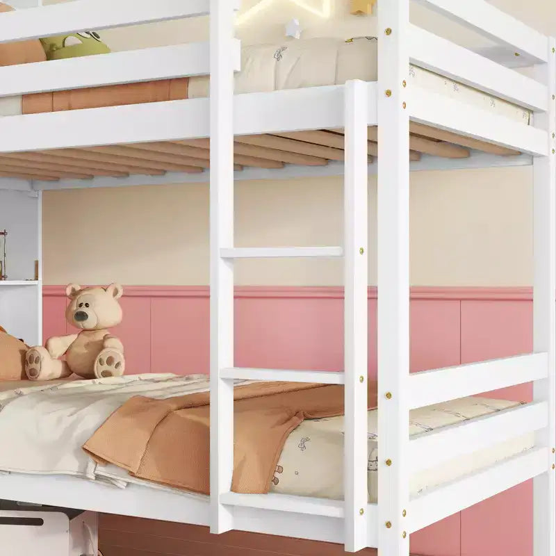 Detachable Bunk Bed Twin over Twin with Shelves Headboard for Kids Teens, Wood Bunk Bed Frame with Ladder and Guardrails, Separate into 2 Twin Beds