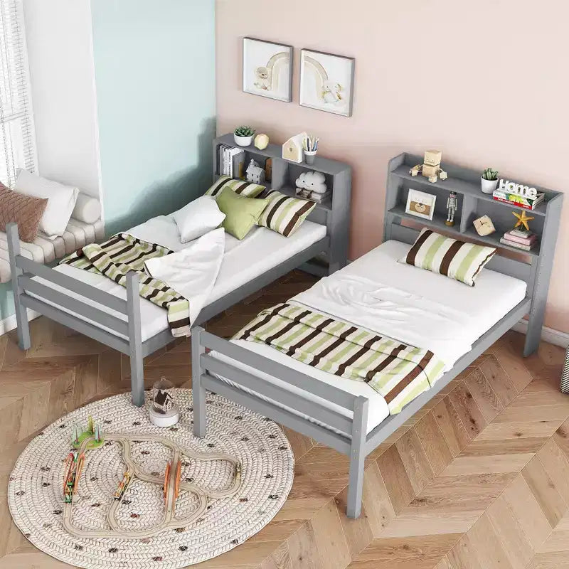 Detachable Bunk Bed Twin over Twin with Shelves Headboard for Kids Teens, Wood Bunk Bed Frame with Ladder and Guardrails, Separate into 2 Twin Beds