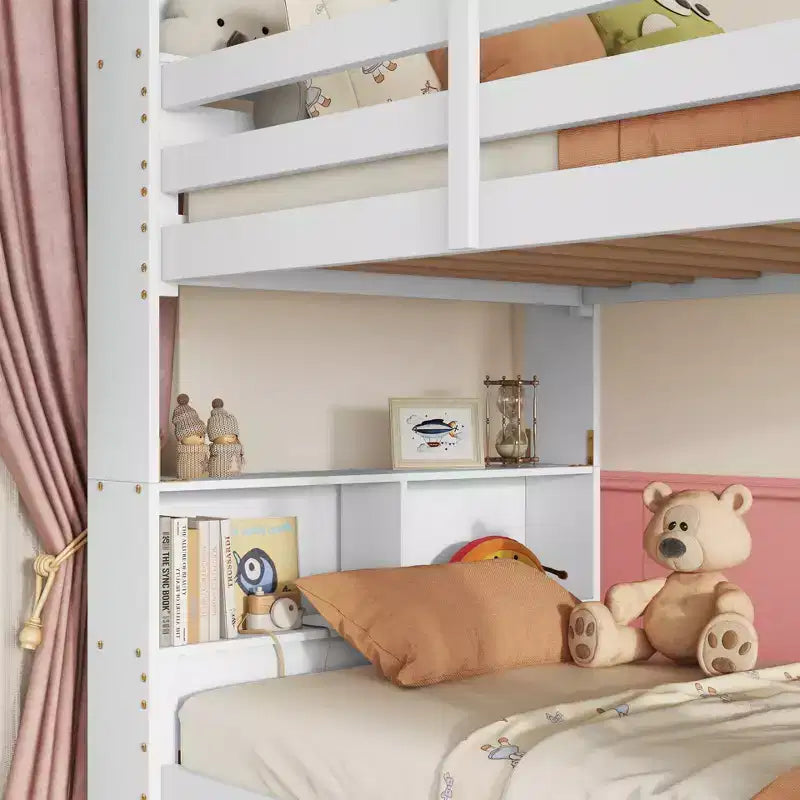 Detachable Bunk Bed Twin over Twin with Shelves Headboard for Kids Teens, Wood Bunk Bed Frame with Ladder and Guardrails, Separate into 2 Twin Beds