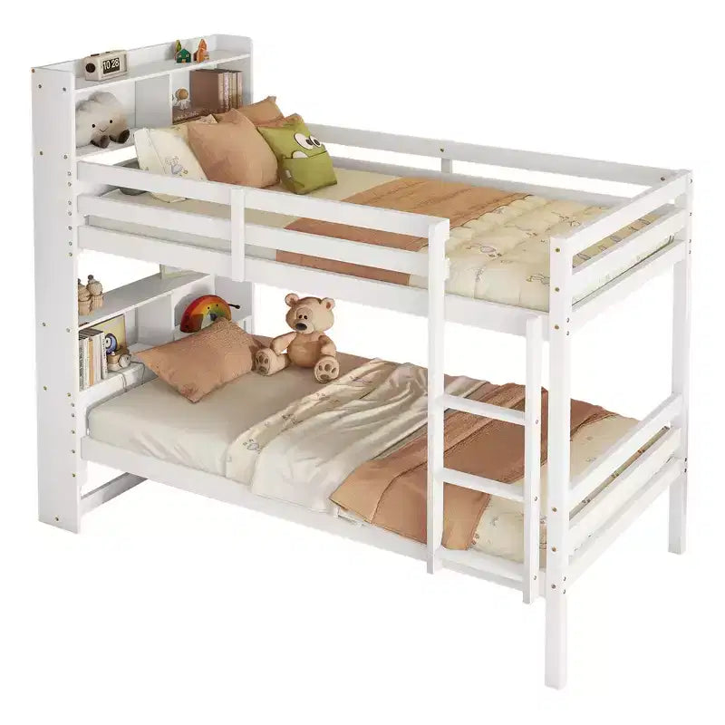 Detachable Bunk Bed Twin over Twin with Shelves Headboard for Kids Teens, Wood Bunk Bed Frame with Ladder and Guardrails, Separate into 2 Twin Beds
