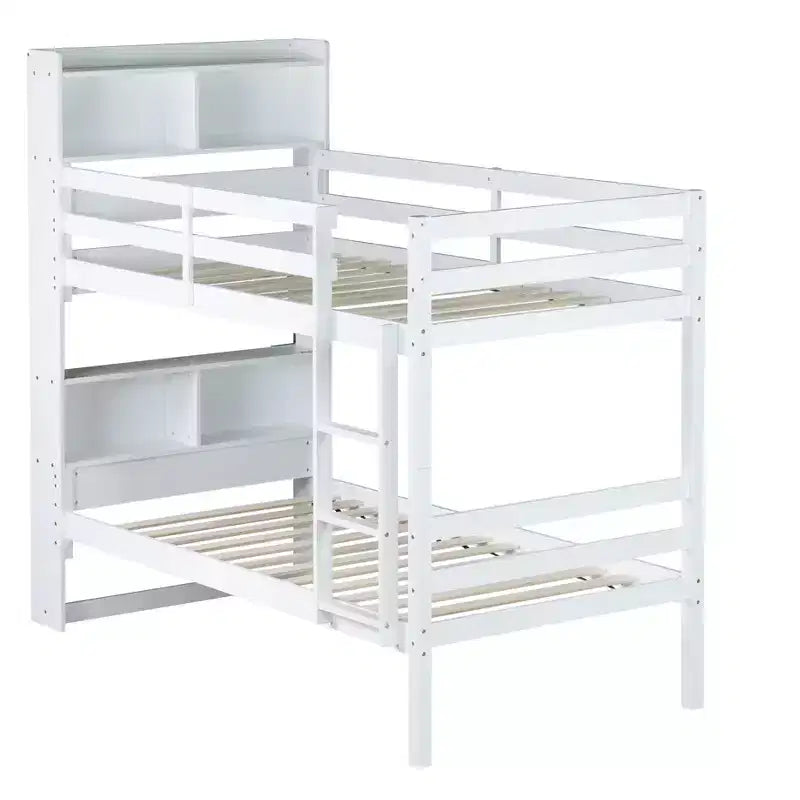 Detachable Bunk Bed Twin over Twin with Shelves Headboard for Kids Teens, Wood Bunk Bed Frame with Ladder and Guardrails, Separate into 2 Twin Beds