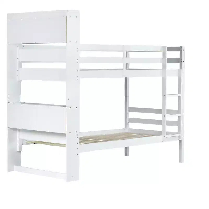 Detachable Bunk Bed Twin over Twin with Shelves Headboard for Kids Teens, Wood Bunk Bed Frame with Ladder and Guardrails, Separate into 2 Twin Beds