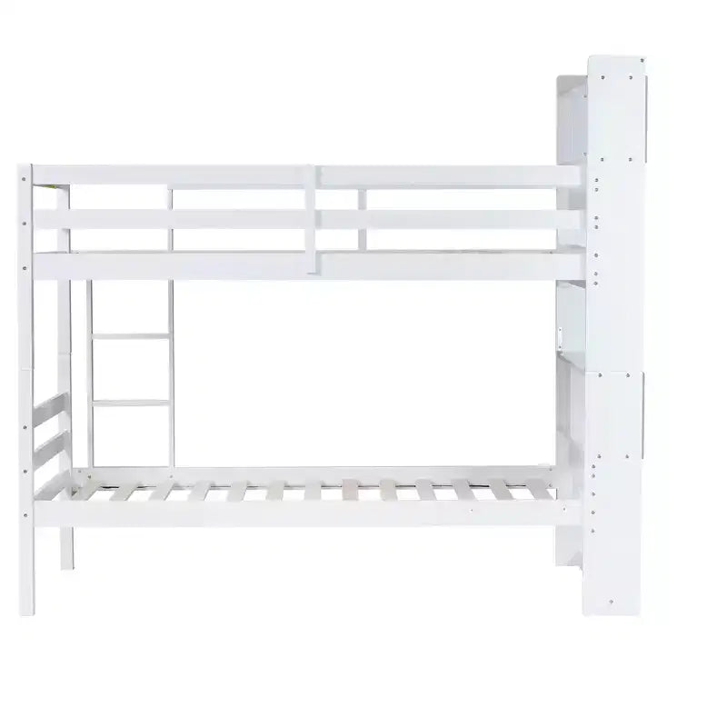 Detachable Bunk Bed Twin over Twin with Shelves Headboard for Kids Teens, Wood Bunk Bed Frame with Ladder and Guardrails, Separate into 2 Twin Beds