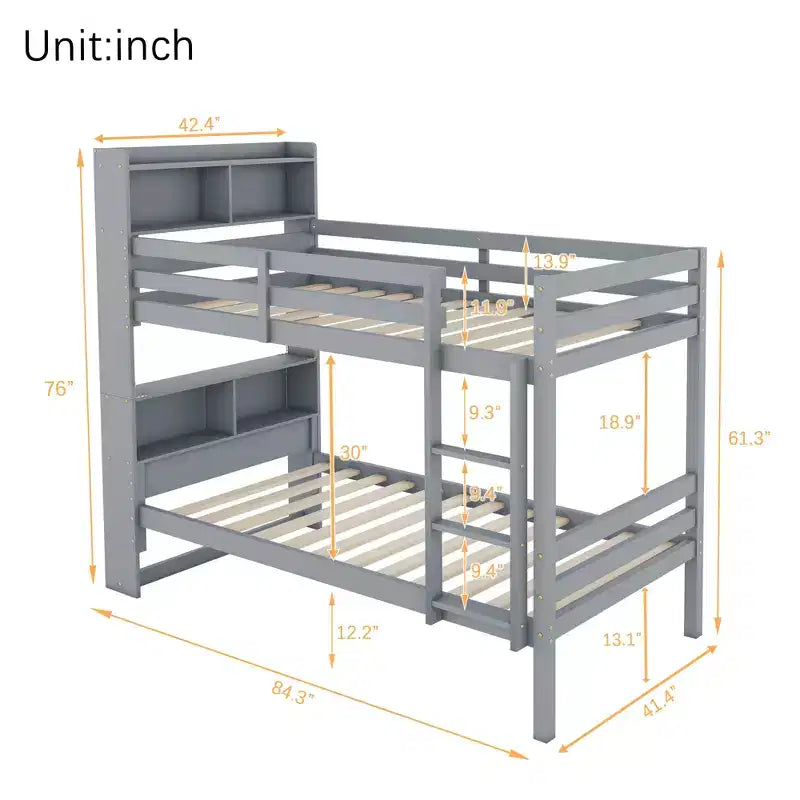 Detachable Bunk Bed Twin over Twin with Shelves Headboard for Kids Teens, Wood Bunk Bed Frame with Ladder and Guardrails, Separate into 2 Twin Beds