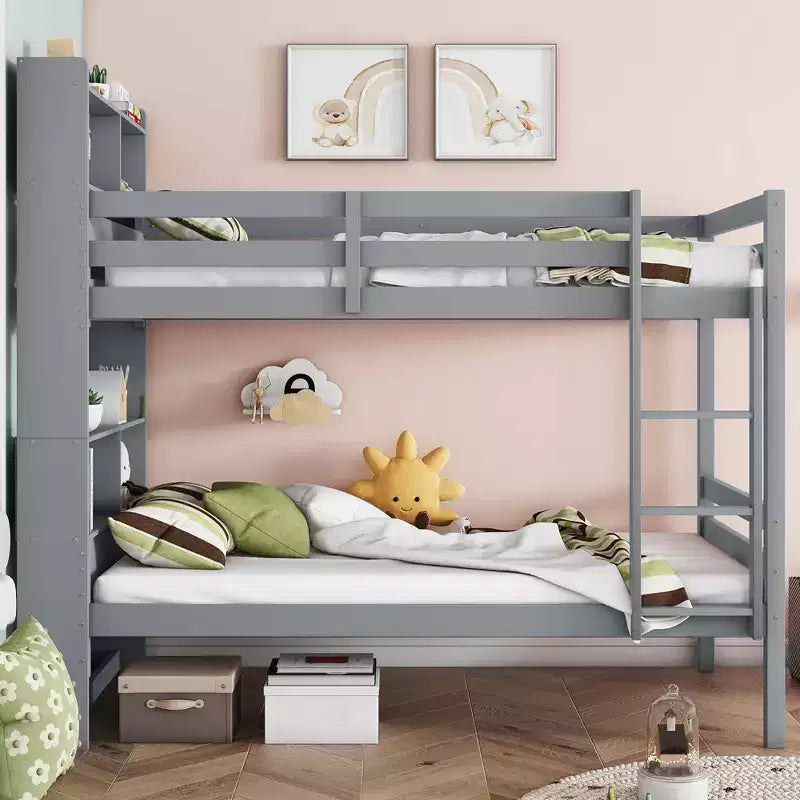 Detachable Bunk Bed Twin over Twin with Shelves Headboard for Kids Teens, Wood Bunk Bed Frame with Ladder and Guardrails, Separate into 2 Twin Beds