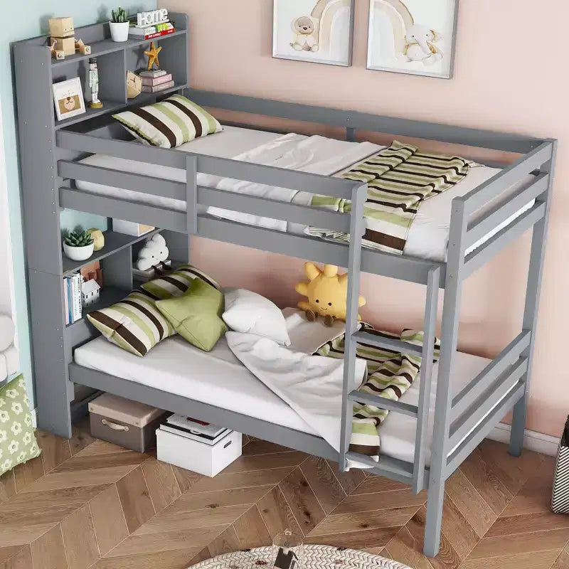Detachable Bunk Bed Twin over Twin with Shelves Headboard for Kids Teens, Wood Bunk Bed Frame with Ladder and Guardrails, Separate into 2 Twin Beds