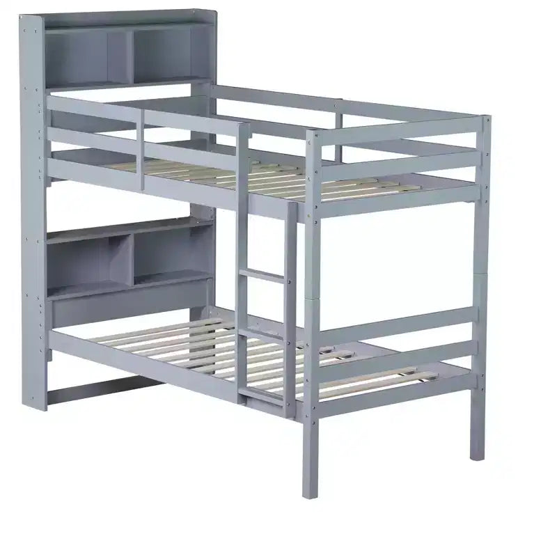 Detachable Bunk Bed Twin over Twin with Shelves Headboard for Kids Teens, Wood Bunk Bed Frame with Ladder and Guardrails, Separate into 2 Twin Beds