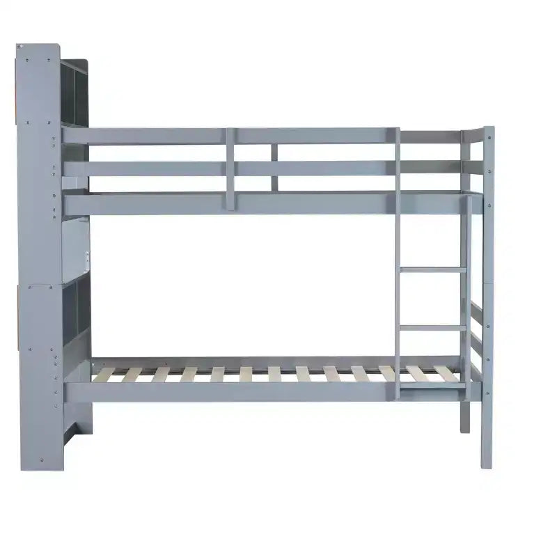 Detachable Bunk Bed Twin over Twin with Shelves Headboard for Kids Teens, Wood Bunk Bed Frame with Ladder and Guardrails, Separate into 2 Twin Beds