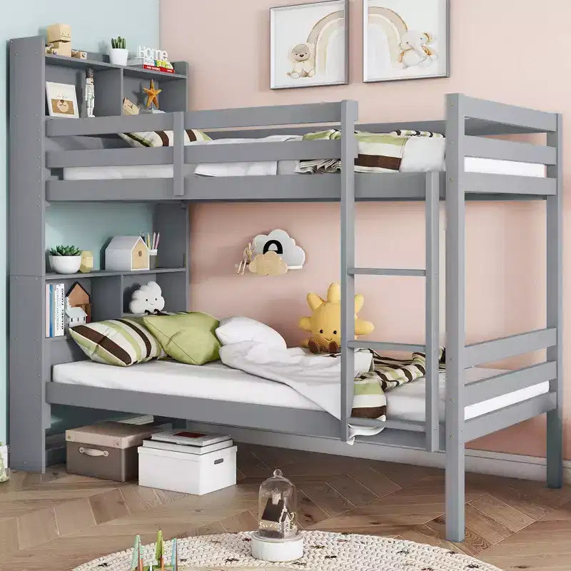 Detachable Bunk Bed Twin over Twin with Shelves Headboard for Kids Teens, Wood Bunk Bed Frame with Ladder and Guardrails, Separate into 2 Twin Beds