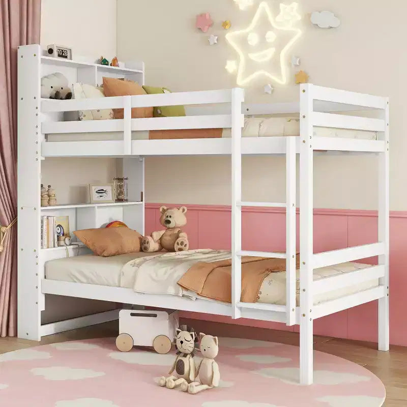 Detachable Bunk Bed Twin over Twin with Shelves Headboard for Kids Teens, Wood Bunk Bed Frame with Ladder and Guardrails, Separate into 2 Twin Beds