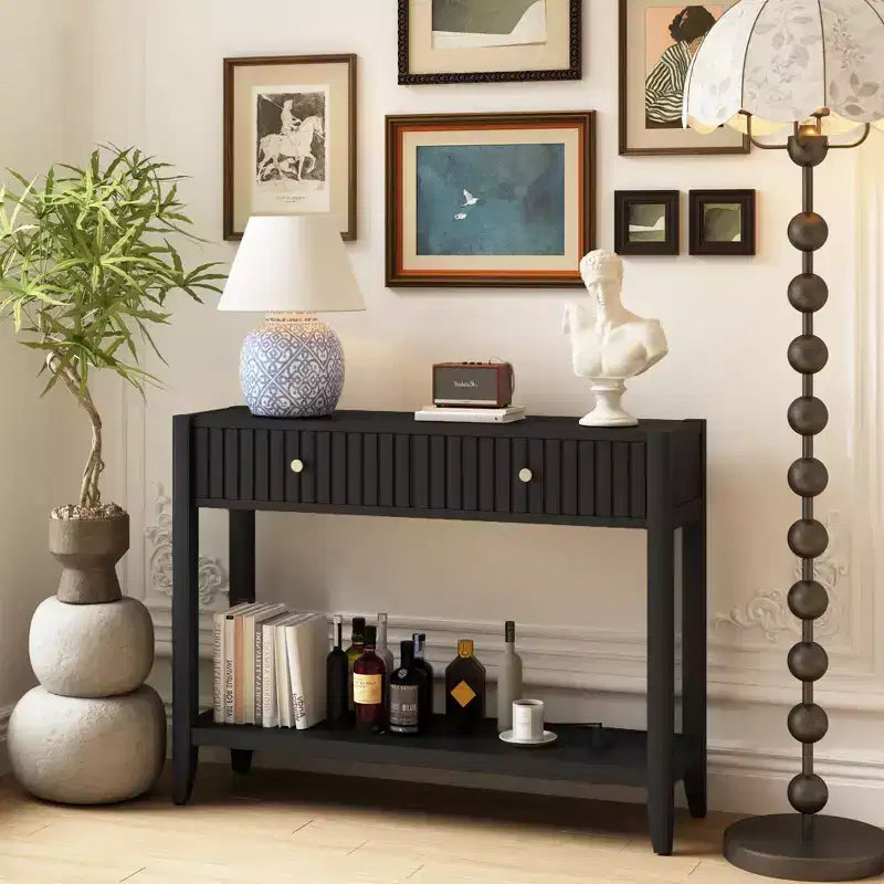 Narrow Console Table with Drawers, 39.4 Black Wood Entryway Sofa Table with Storage Shelf for Hallway or Living Room