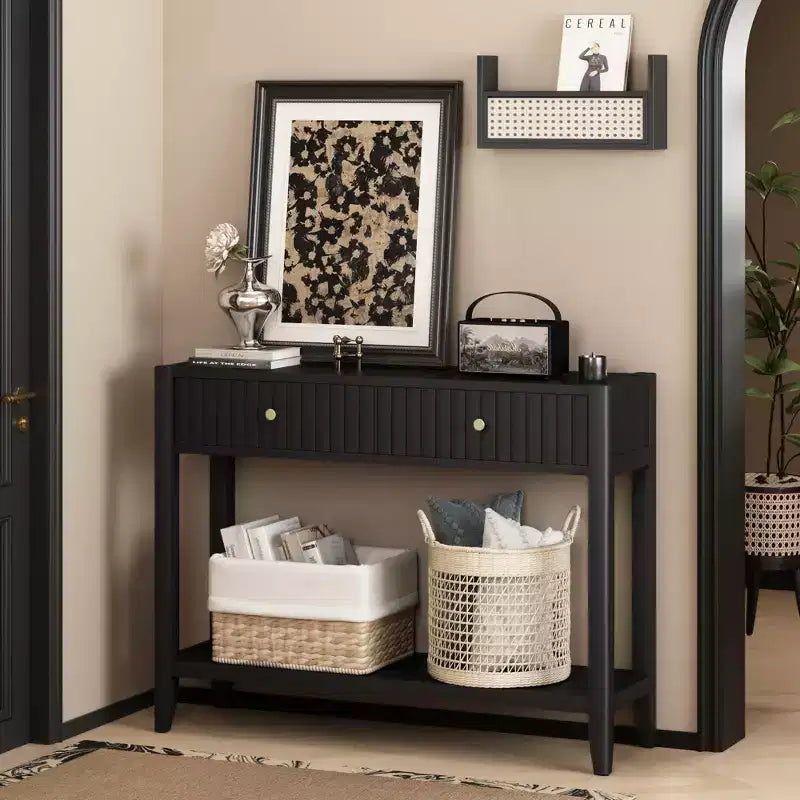 Narrow Console Table with Drawers, 39.4 Black Wood Entryway Sofa Table with Storage Shelf for Hallway or Living Room
