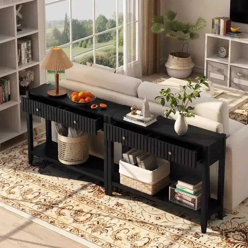 Narrow Console Table with Drawers, 39.4 Black Wood Entryway Sofa Table with Storage Shelf for Hallway or Living Room