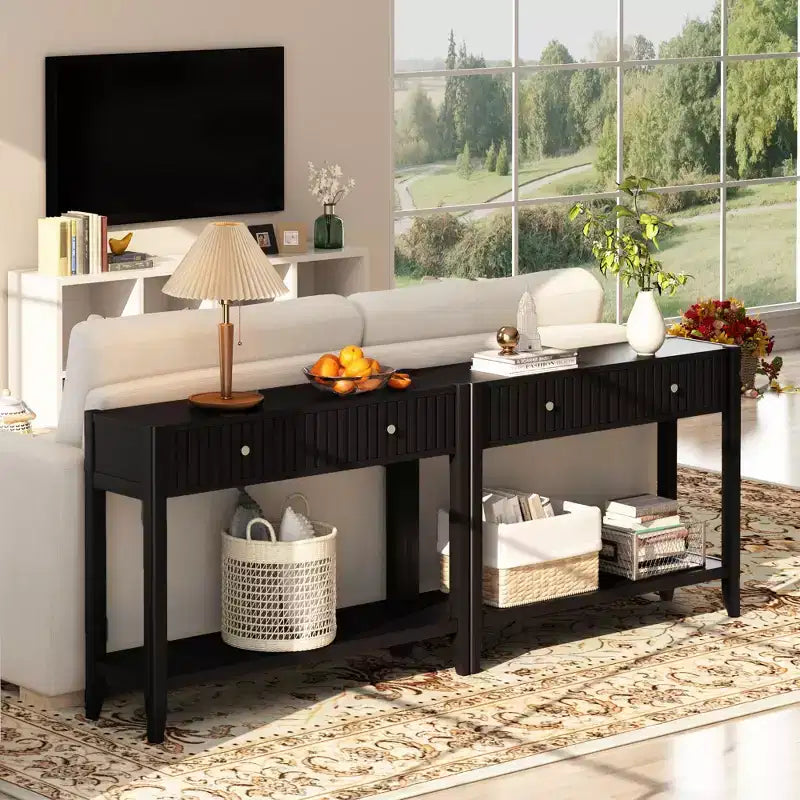 Narrow Console Table with Drawers, 39.4 Black Wood Entryway Sofa Table with Storage Shelf for Hallway or Living Room