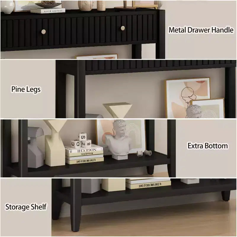 Narrow Console Table with Drawers, 39.4 Black Wood Entryway Sofa Table with Storage Shelf for Hallway or Living Room