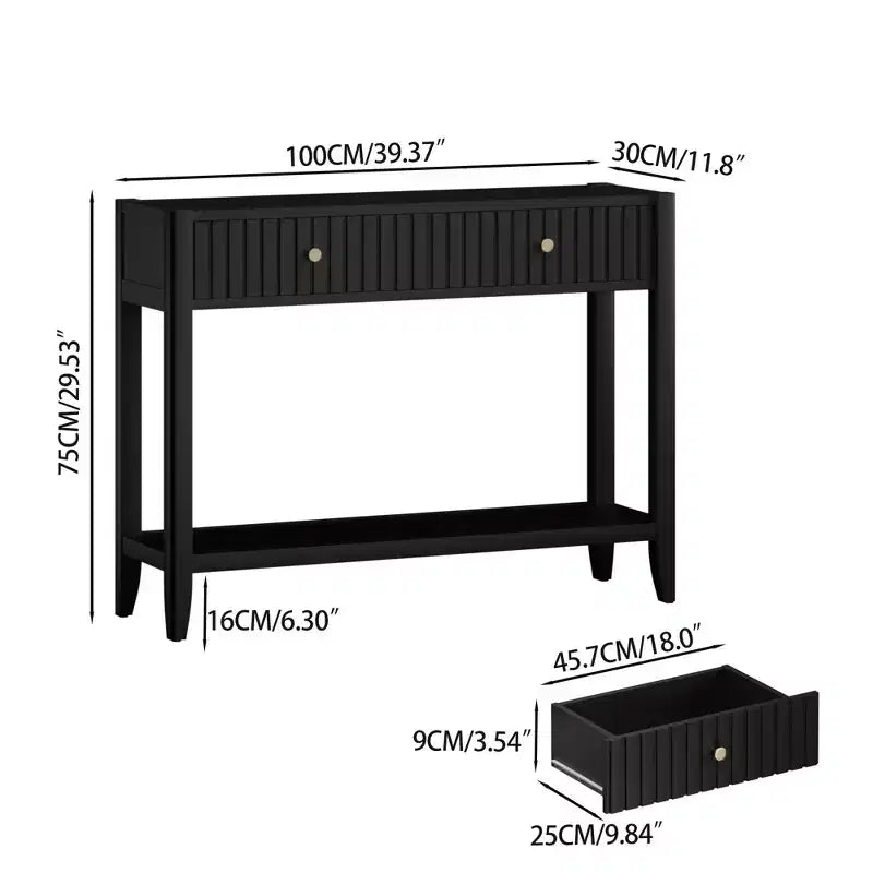 Narrow Console Table with Drawers, 39.4 Black Wood Entryway Sofa Table with Storage Shelf for Hallway or Living Room