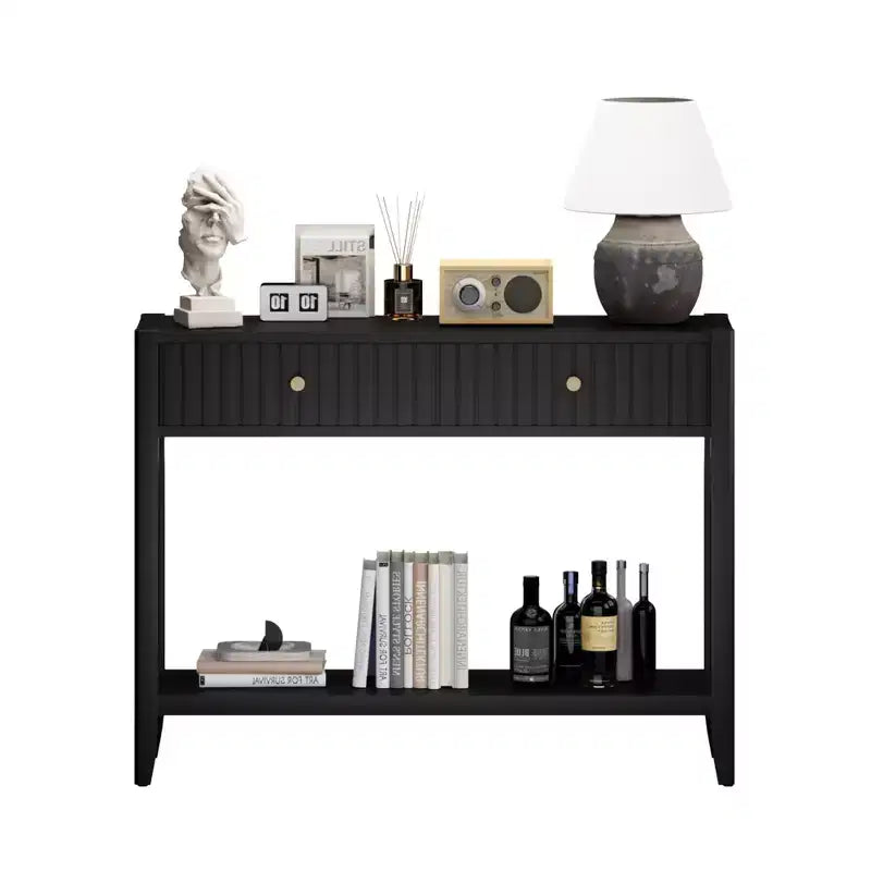 Narrow Console Table with Drawers, 39.4 Black Wood Entryway Sofa Table with Storage Shelf for Hallway or Living Room