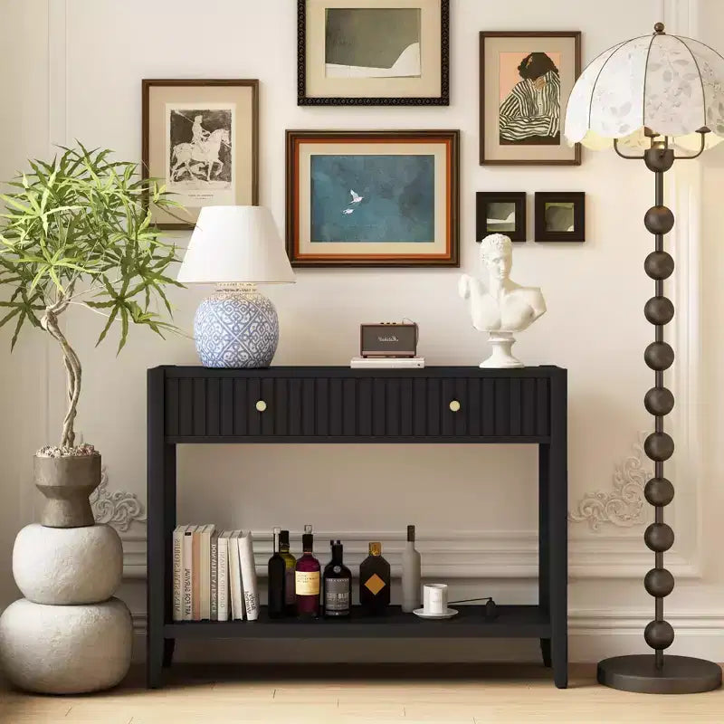 Narrow Console Table with Drawers, 39.4 Black Wood Entryway Sofa Table with Storage Shelf for Hallway or Living Room