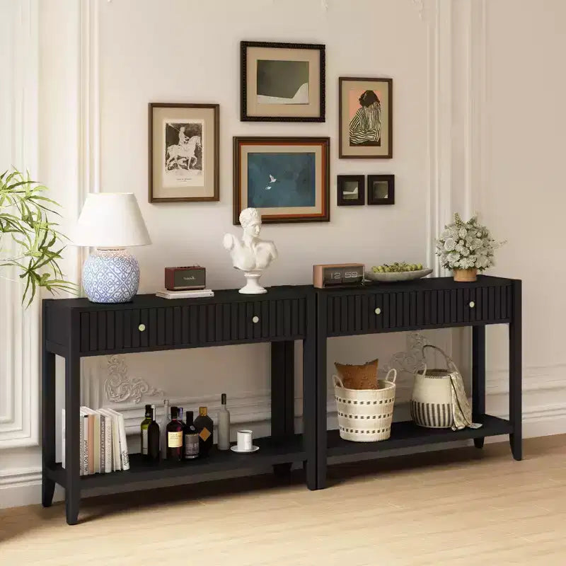 Narrow Console Table with Drawers, 39.4 Black Wood Entryway Sofa Table with Storage Shelf for Hallway or Living Room
