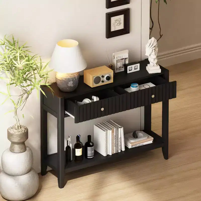 Narrow Console Table with Drawers, 39.4 Black Wood Entryway Sofa Table with Storage Shelf for Hallway or Living Room
