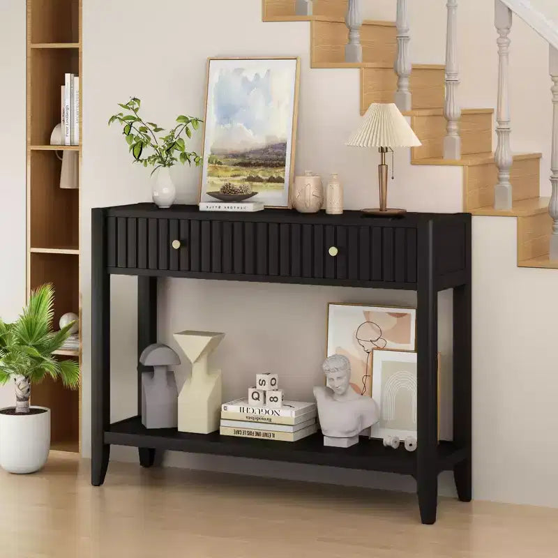 Narrow Console Table with Drawers, 39.4 Black Wood Entryway Sofa Table with Storage Shelf for Hallway or Living Room