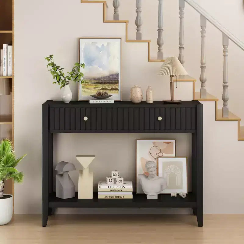 Narrow Console Table with Drawers, 39.4 Black Wood Entryway Sofa Table with Storage Shelf for Hallway or Living Room