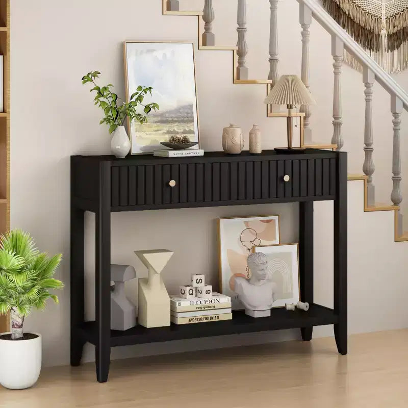 Narrow Console Table with Drawers, 39.4 Black Wood Entryway Sofa Table with Storage Shelf for Hallway or Living Room