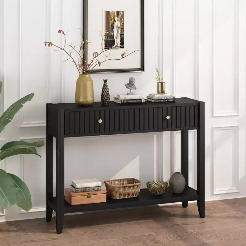 Narrow Console Table with Drawers, 39.4 Black Wood Entryway Sofa Table with Storage Shelf for Hallway or Living Room