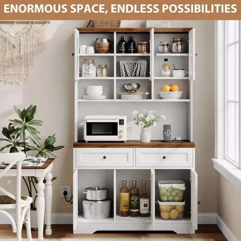 71 Farmhouse Pantry Cabinet with Charging Station & Microwave Stand - Tall Kitchen Storage with Hutch & Drawers for Living/Dining Room