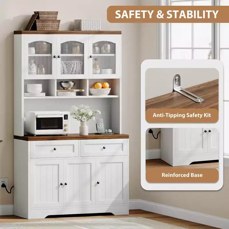 71 Farmhouse Pantry Cabinet with Charging Station & Microwave Stand - Tall Kitchen Storage with Hutch & Drawers for Living/Dining Room