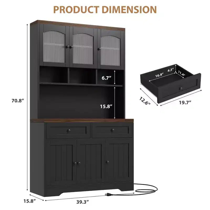 71 Farmhouse Pantry Cabinet with Charging Station & Microwave Stand - Tall Kitchen Storage with Hutch & Drawers for Living/Dining Room