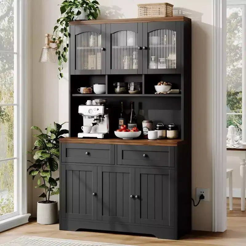 71 Farmhouse Pantry Cabinet with Charging Station & Microwave Stand - Tall Kitchen Storage with Hutch & Drawers for Living/Dining Room