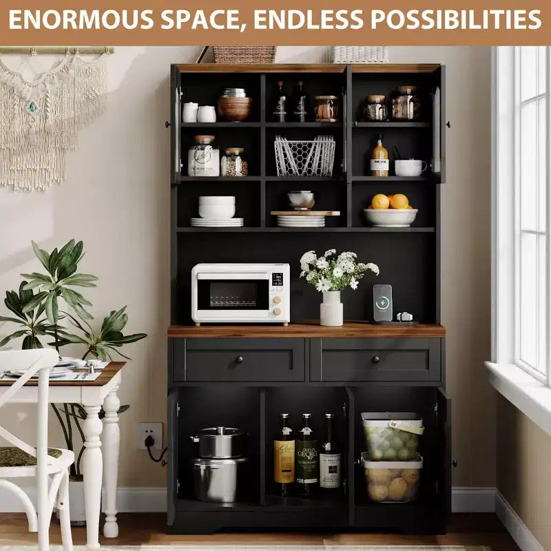 71 Farmhouse Pantry Cabinet with Charging Station & Microwave Stand - Tall Kitchen Storage with Hutch & Drawers for Living/Dining Room
