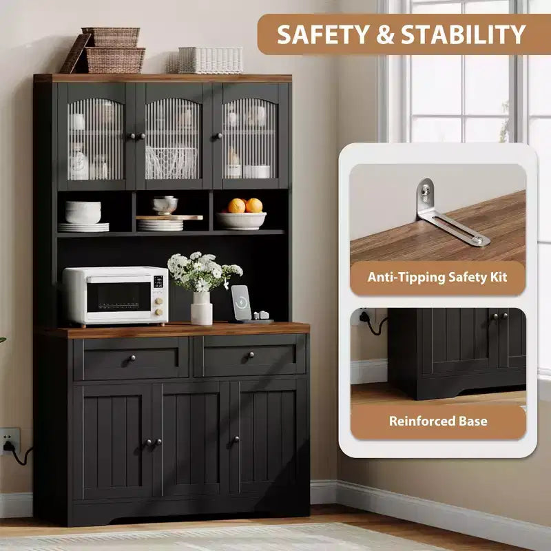 71 Farmhouse Pantry Cabinet with Charging Station & Microwave Stand - Tall Kitchen Storage with Hutch & Drawers for Living/Dining Room
