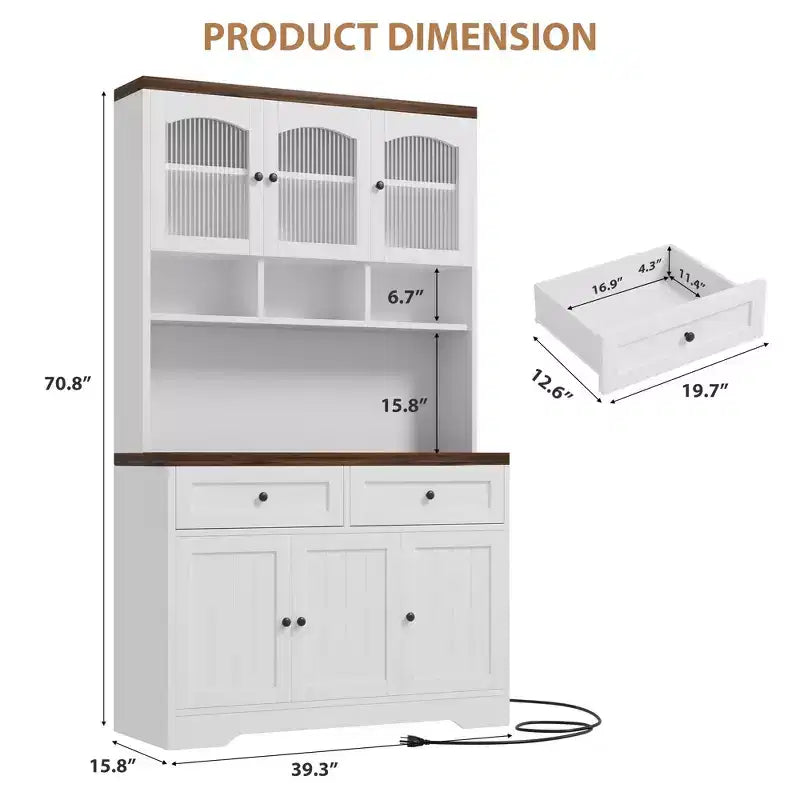 71 Farmhouse Pantry Cabinet with Charging Station & Microwave Stand - Tall Kitchen Storage with Hutch & Drawers for Living/Dining Room