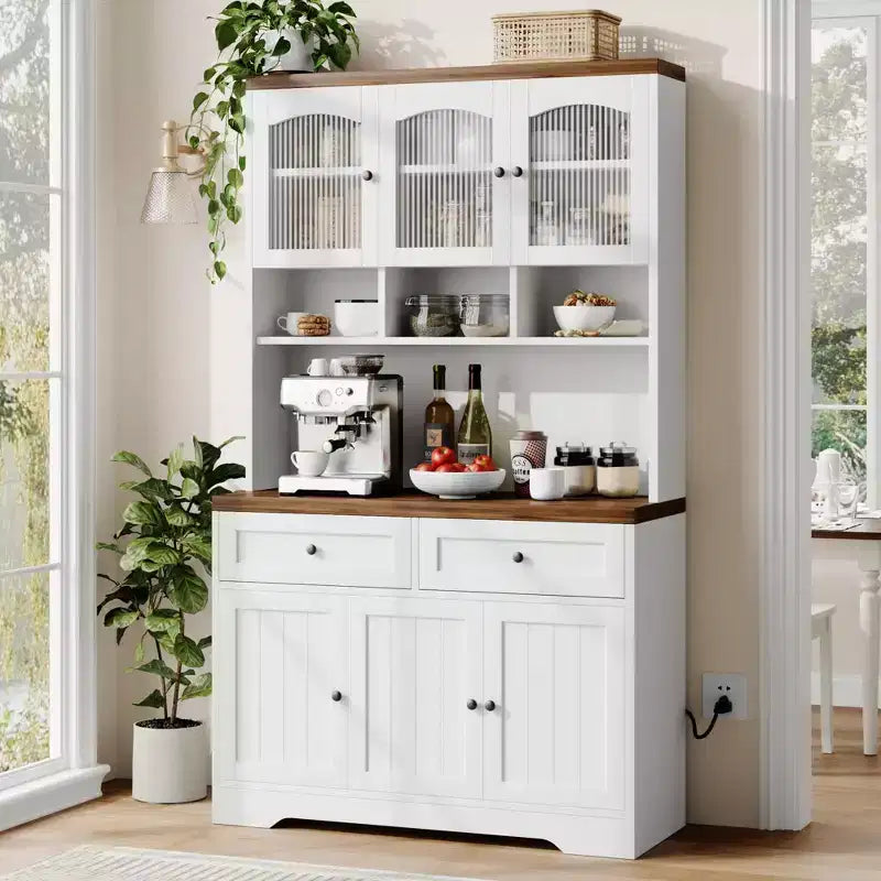 71 Farmhouse Pantry Cabinet with Charging Station & Microwave Stand - Tall Kitchen Storage with Hutch & Drawers for Living/Dining Room